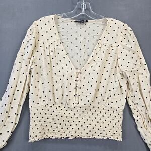 American Eagle Cream Polka Dot Crop Top Stretch Long Sleeves V-Neck Women Size M